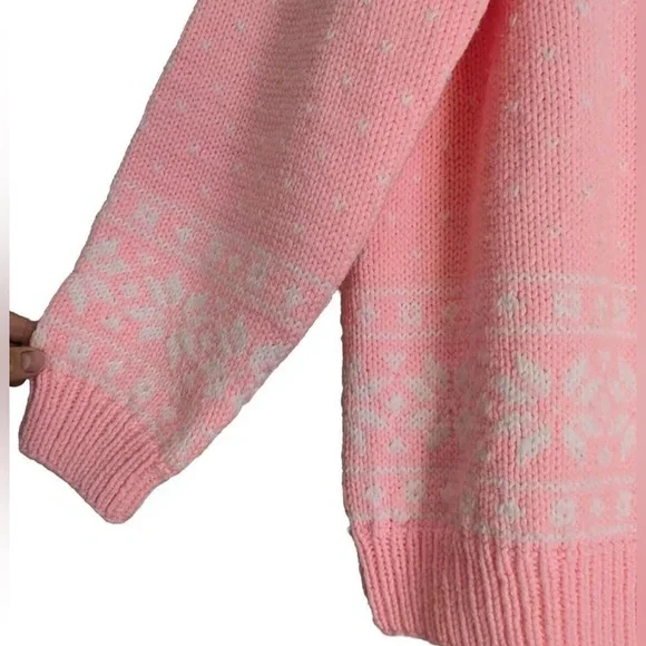 Vintage Handknit Barbie Pink White Fairisle Fall Winter Oversized Cozy Sweater - Picture 3 of 9